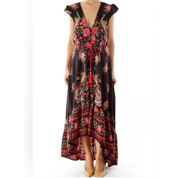Women's Small Boho Peacock Floral V Neck Hi Low Ruffle Button Down Maxi Dress - Picture 3 of 16